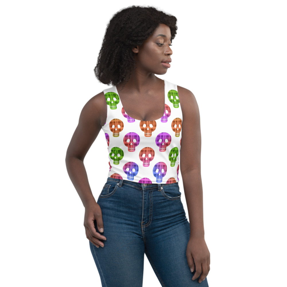 Colorful Skulls Seamless Pattern Crop Top