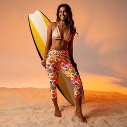 colorful watercolor hearts cute girly pattern yoga capri leggings