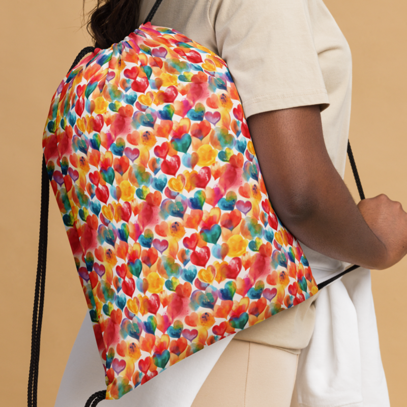 Colorful Watercolor Hearts Cute Girly Pattern Drawstring bag