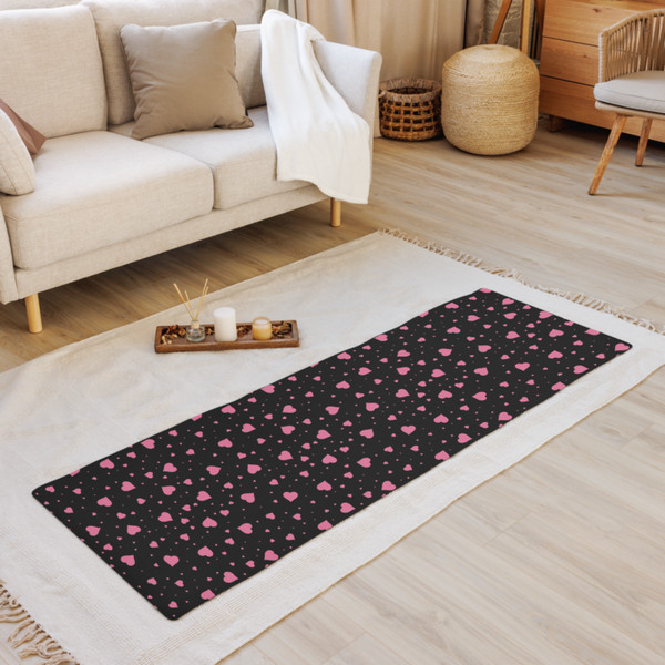 Pink Hearts on the Black Background Yoga mat