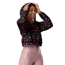 pink hearts on the black background women’s cropped windbreaker