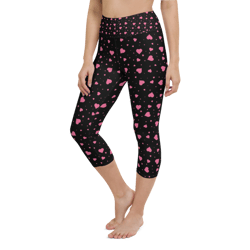 pink hearts on the black background yoga capri leggings