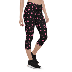 pink hearts on the black background capri leggings