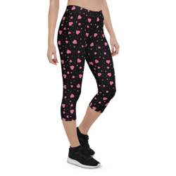 Pink Hearts on the Black Background Capri Leggings