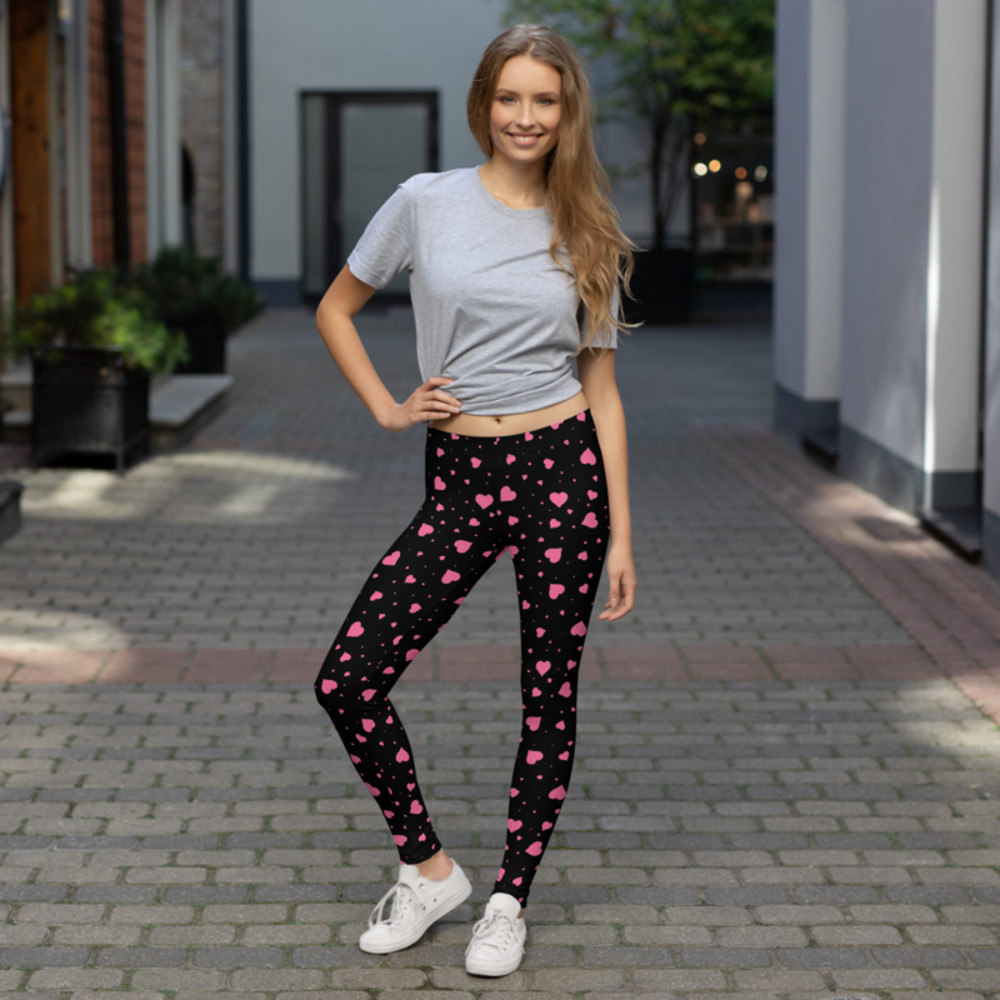 Pink Hearts on the Black Background Leggings