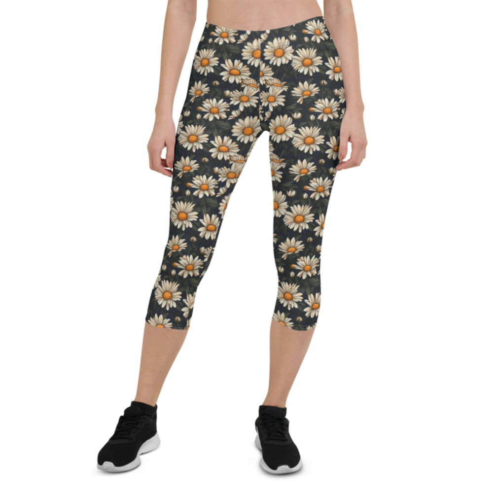 Daisy Flowers Retro Seamless Pattern Capri Leggings