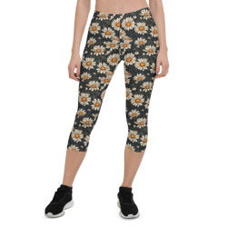 daisy flowers retro seamless pattern capri leggings