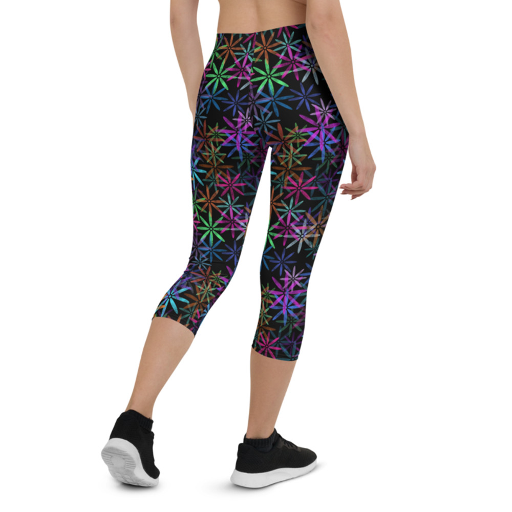 Neon Sparkle Flowers Pattern Capri Leggings