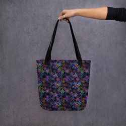neon sparkle flowers pattern tote bag