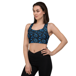 blue and black rose flowers seamless pattern longline sports bra