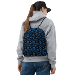 blue and black rose flowers seamless pattern drawstring bag