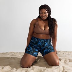 blue and black rose flowers seamless pattern yoga shorts