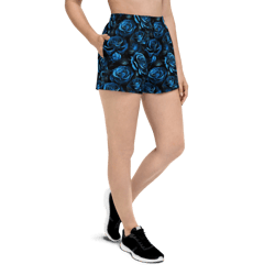 blue and black rose flowers seamless pattern women’s recycled athletic shorts