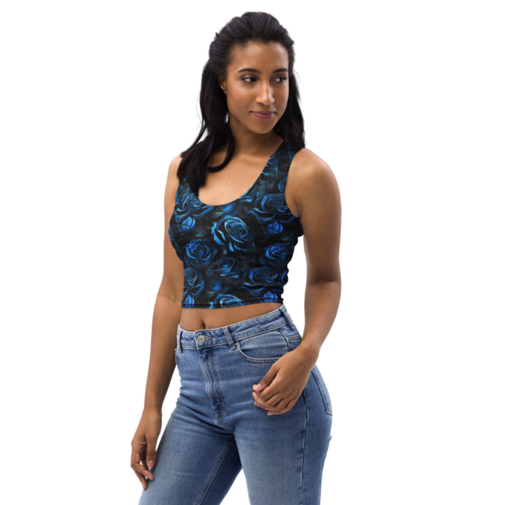 Blue and Black Rose Flowers Seamless Pattern Crop Top
