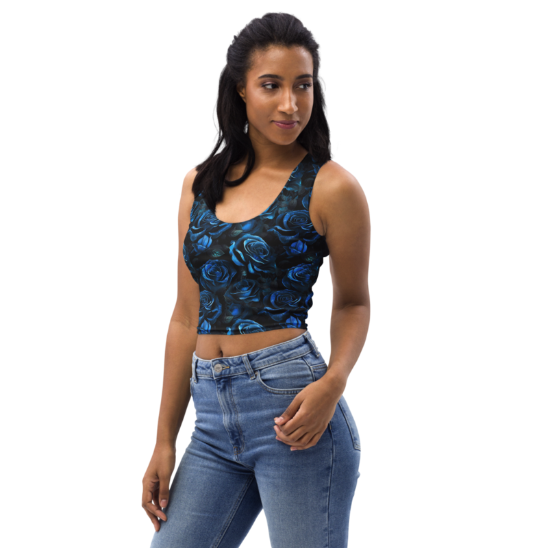 Blue and Black Rose Flowers Seamless Pattern Crop Top