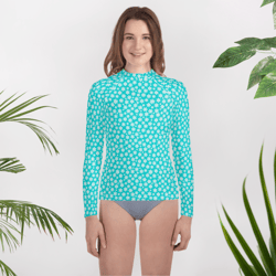 simple white and blue floral pattern youth rash guard
