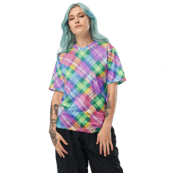 pastel rainbow plaid pattern recycled unisex sports jersey