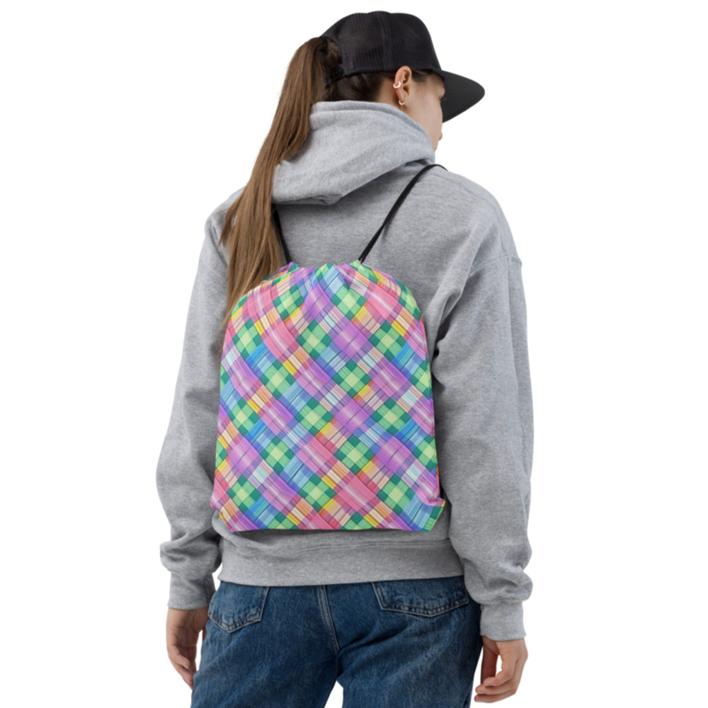 Pastel Rainbow Plaid Pattern Drawstring bag