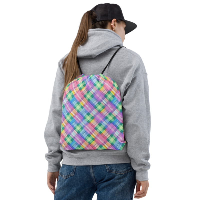 Pastel Rainbow Plaid Pattern Drawstring bag