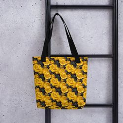 yellow and black rose flowers seamless pattern tote bag