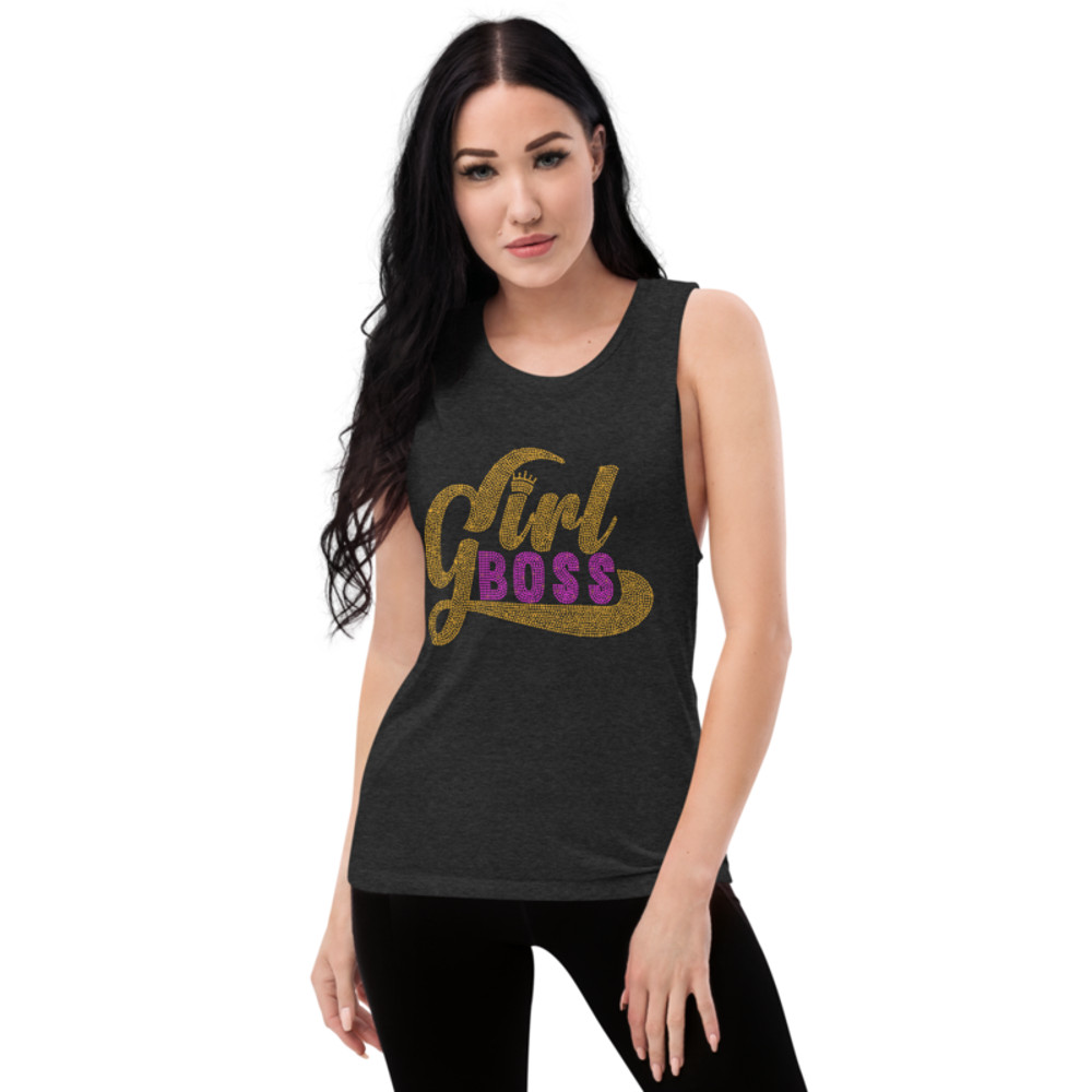 Girl Boss Rhinestone Funny Ladies’ Muscle Tank