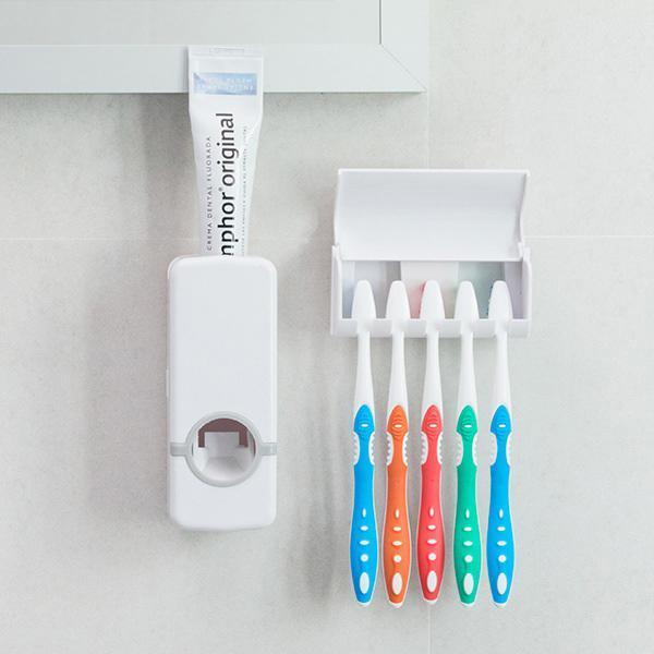 Automatic Toothpaste Dispenser Set With Toothbrush Caddy & Toothpaste Holder