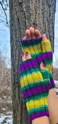 Vegan striped fingerless gloves, Hypoallergenic gloves, Bright arm warmers, handmade soft and warm mittens