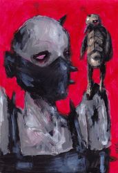 Mr. Grey i Ptica. Zombie painting original art, Horror Dark art creepy Contemporary Outsider Art. Acrylic, paper