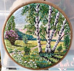 Hand embroidery artwork 5.5", thread painting, landscape embroidery art