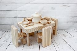 Dollhouse miniatures - wooden furniture Set: table, chairs, plates, spoons