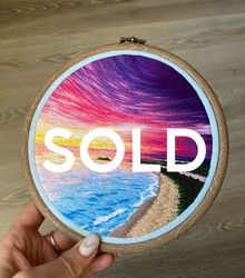 embroidered landscape, embroidery art, embroidered sunset sunrise, wall decor, landscape embroidery