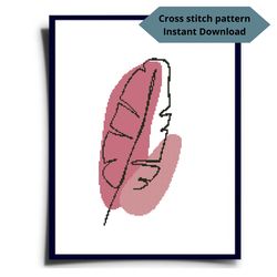 Leaf and pink ovals cross stitch pattern, Modern cross stitch pattern, one line drawing embroidery, Instant download