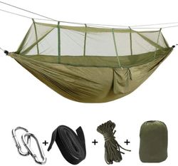 2-Person Camping Hammock with Mosquito Net: Strong Parachute Fabric Sleep Swing for Outdoor Garden - Portable Hanging Be