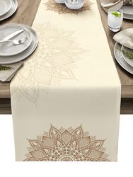 Mandala Flowers Linen Table Runner - Farmhouse Kitchen Decoration for Holiday Parties