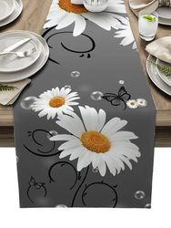 Yellow Daisy Butterfly Gray Linen Table Runner - Wedding & Party Decoration