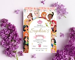 Disney Princess Floral Birthday Invitation Download for Print or Text 5x7, Editable Digital Printable Invite Template