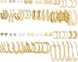 36 Pairs Gold Earrings Set for Women Girls, Fashion Pearl Chain Link Stud Drop Dangle Earrings Multipack Hoop Earring Pa