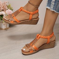 Rhinestone Decor Sandals, Women's Ankle Elastic Strap Platform Soft Sole Shoes