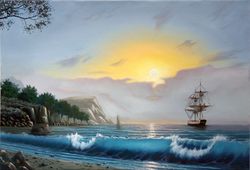 Seascape oil painting Seaside and ship art Turquoise wave Sunset in the sea artwork for bedroom, office and living room