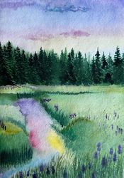 Painting watercolor landscape of nature. Morning forest
