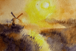 Watercolor painting of an earlier morning with fog
