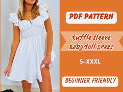 Ruffle Sleeve Mini Dress Sewing Pattern, XS-XXXL, Drawstring Front, Elastic Waist