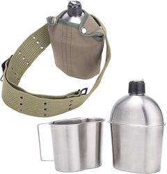 High Quality Stainless Steel Canteen Military with Cup and Green Nylon Cover Waist Belt for Camping Hiking (US Customers