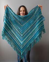 Turquoise wool shawl Boho Ladies all season handmade wrap Blue crocheted shawl fringed Cozy scarf Knit handmade kerchief