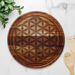Large Crystal Grid | 13.5" Round Wood Cutting Board with Groove, Charcuterie Serving Tray | Sacred Geometry Seed of Life